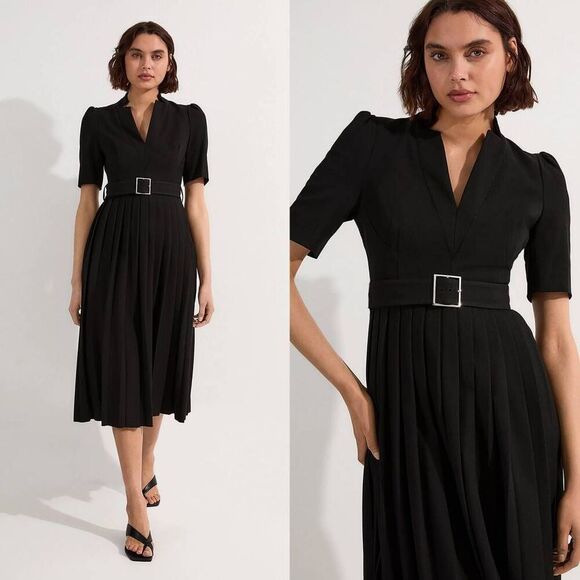 Karen millen Tailored Structured Crepe Forever Pleat Belted Midi Dress US 6 $399 - Picture 1 of 12